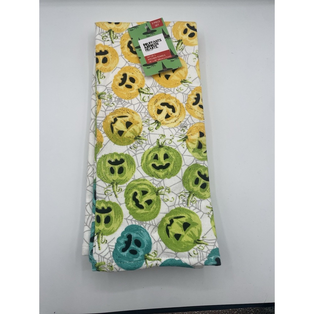 Pumpkin Ombré Dish Towels‎ Set Of 3 Spider Webs Halloween Yellow Green Blue New